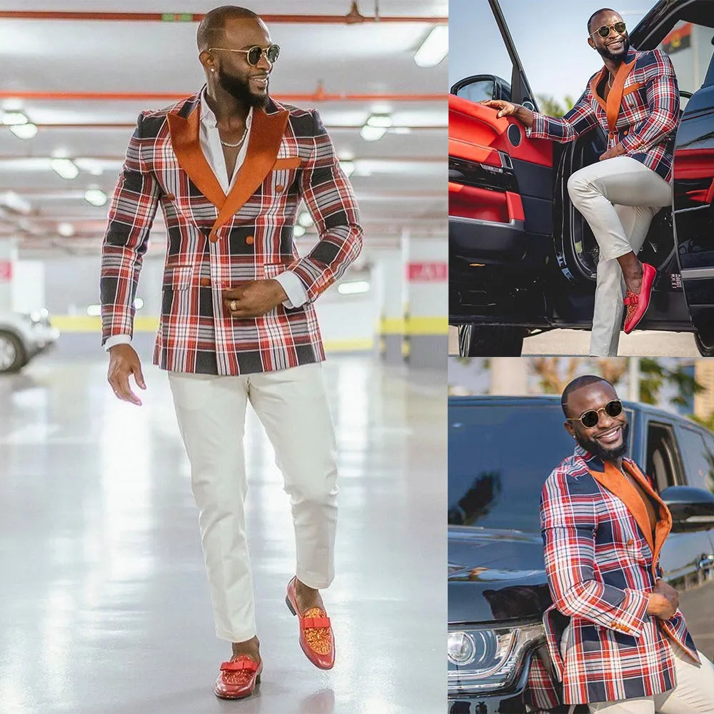 2 Pieces Plaid Men Wedding Tuxedos Custom Made Blazer&White Pants Groom Groomsmen Suit Casual Men Wear