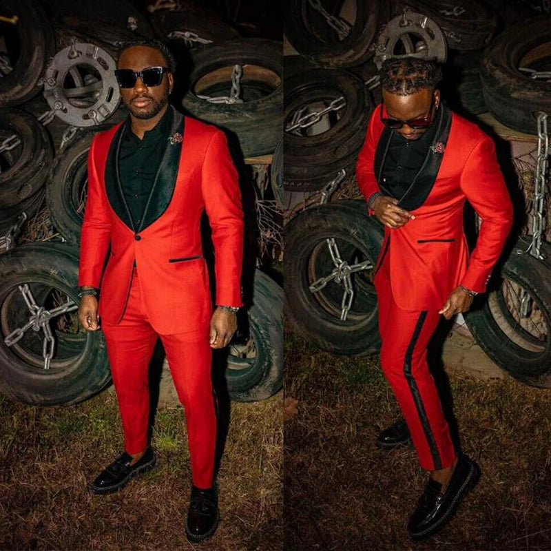 Traje de boda de 2 piezas para hombre, esmoquin rojo para novio, estilo británico, corte entallado, con solapa chal, chaqueta y pantalones (chaqueta + pantalón)