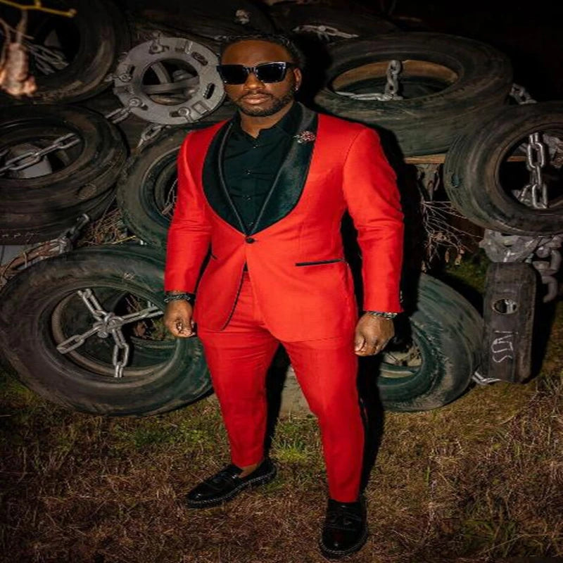Traje de boda de 2 piezas para hombre, esmoquin rojo para novio, estilo británico, corte entallado, con solapa chal, chaqueta y pantalones (chaqueta + pantalón)