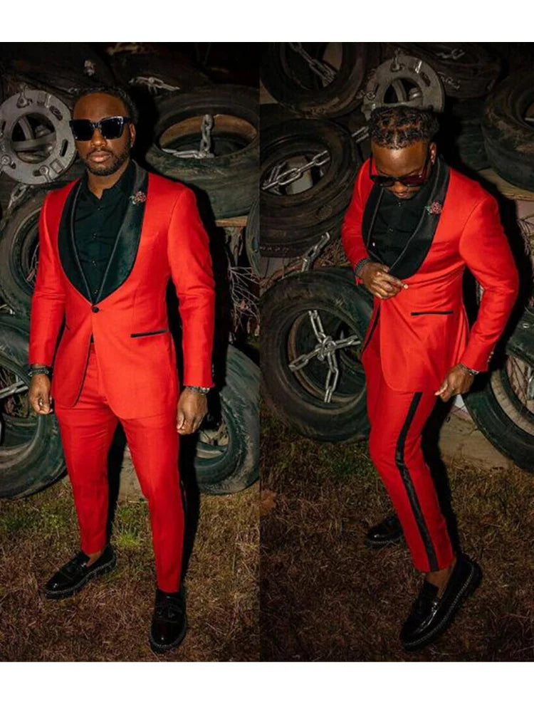 2 Pieces Red Men Groom Tuxedos Wedding Suits for Men British Style Slim Fit Shawl Lapel Blazer (Jacket+Pants)