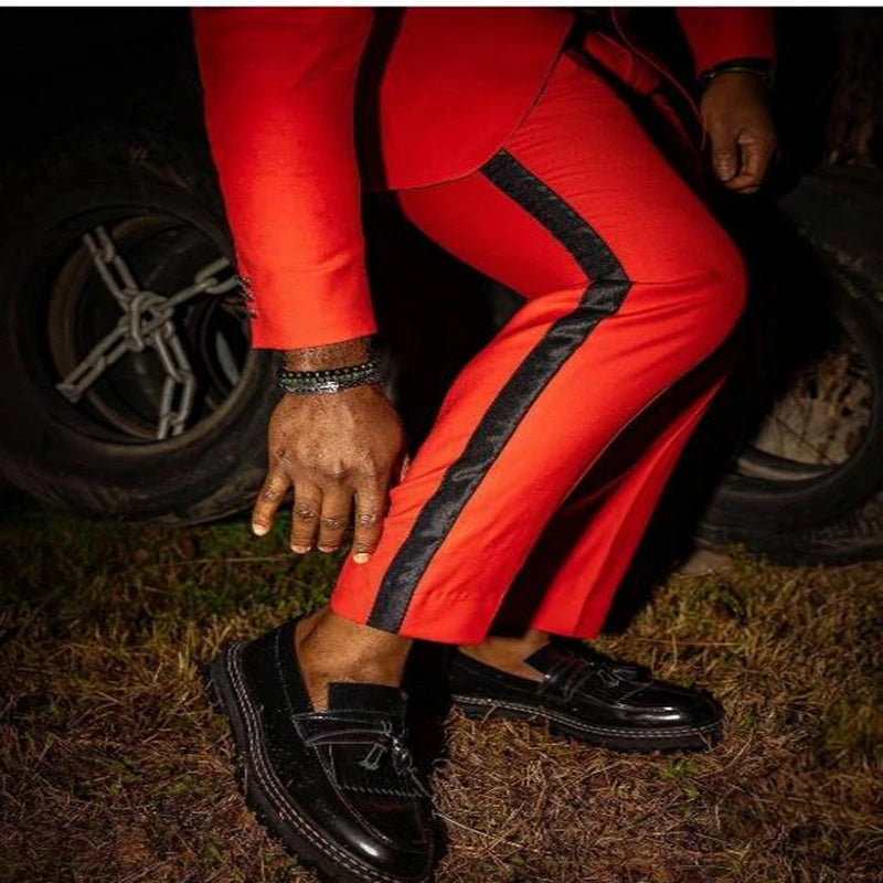 Traje de boda de 2 piezas para hombre, esmoquin rojo para novio, estilo británico, corte entallado, con solapa chal, chaqueta y pantalones (chaqueta + pantalón)