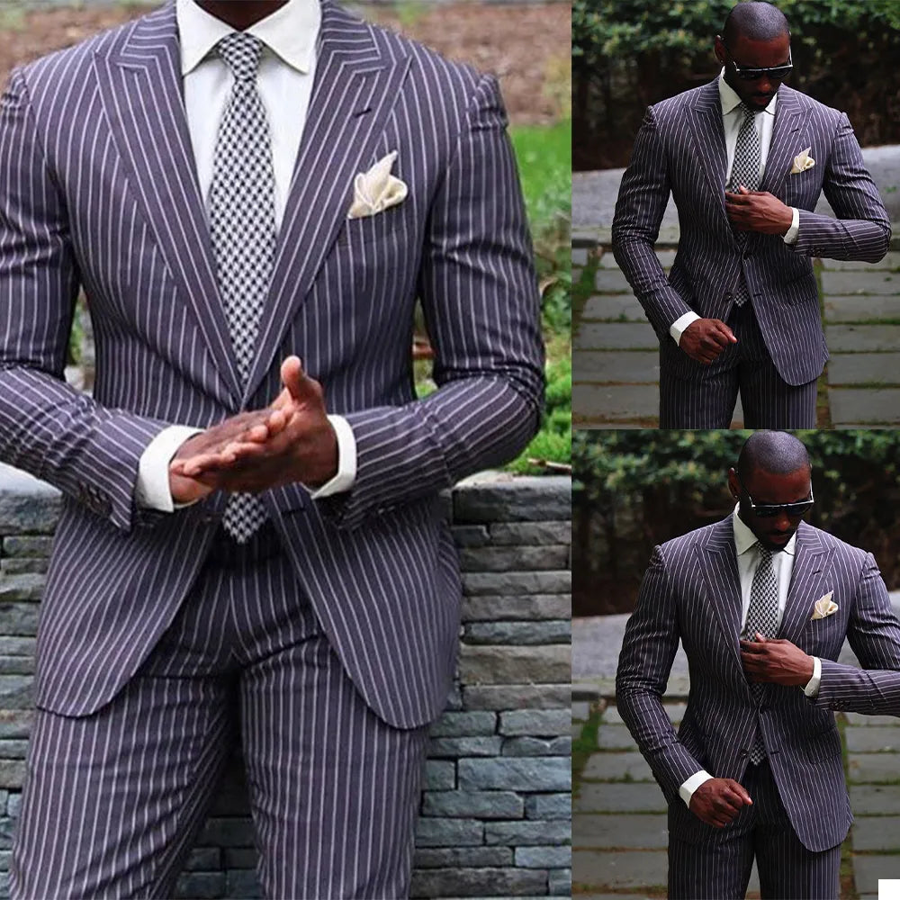 Esmoquin informal a rayas de 2 piezas para boda, hecho a medida, chaqueta y pantalones, traje de novio, ropa formal para hombre 