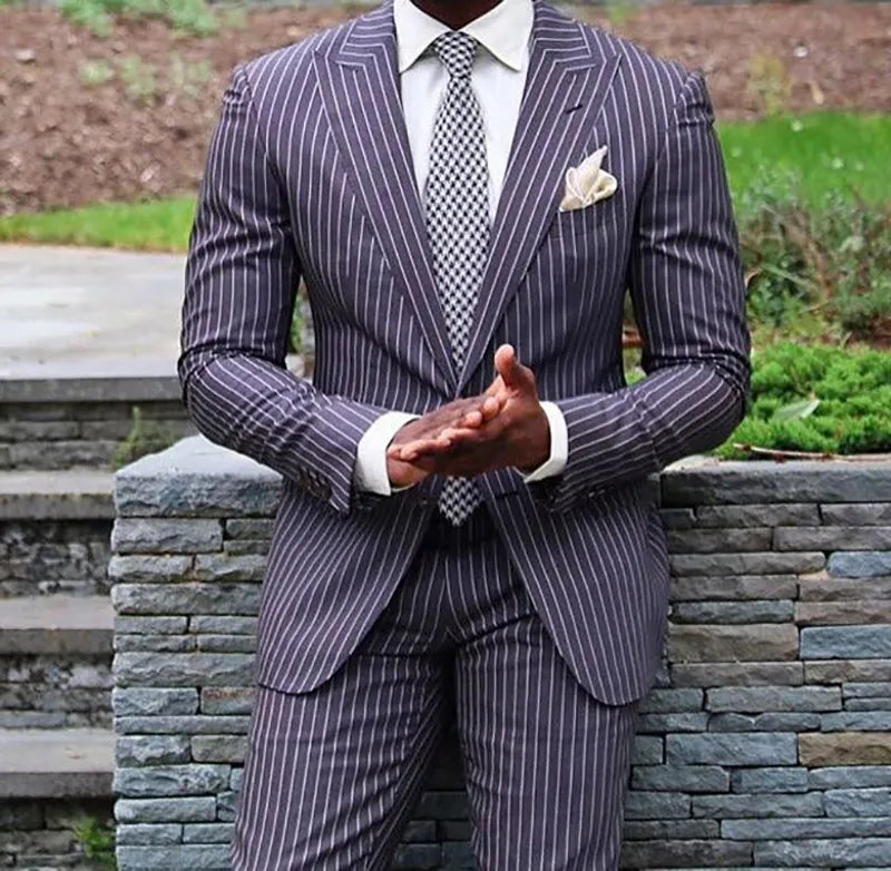 Esmoquin informal a rayas de 2 piezas para boda, hecho a medida, chaqueta y pantalones, traje de novio, ropa formal para hombre 