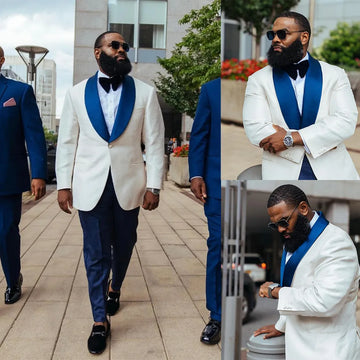 2 Pieces Wedding Tuxedos for Men White Jacket Blue Pants Groom Groomsmen Suit Men' Business Casual Wear