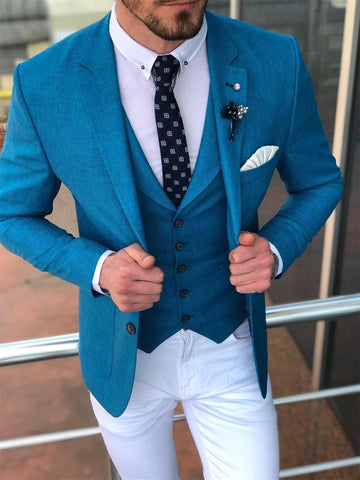 Blue Formal Men Suits Wedding Tuxedos Grooms Bride Men Dinner Wear Blazers Outfits Sets Business Suit (Jackets+Vests+Pants)