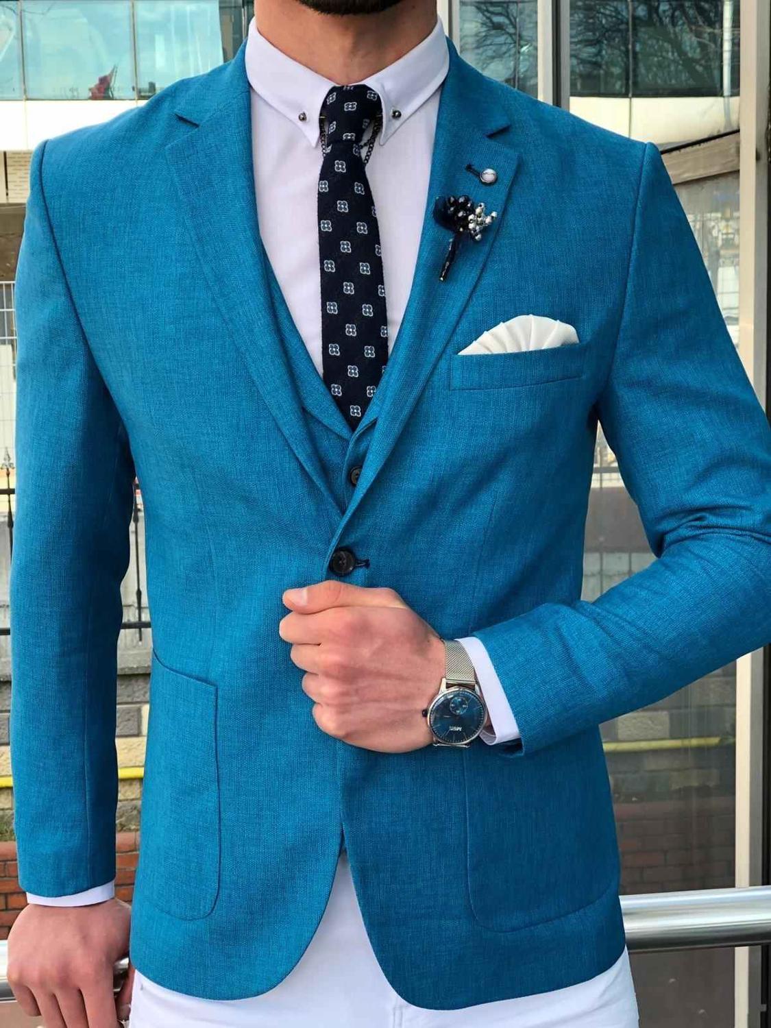 Blue Formal Men Suits Wedding Tuxedos Grooms Bride Men Dinner Wear Blazers Outfits Sets Business Suit (Jackets+Vests+Pants)
