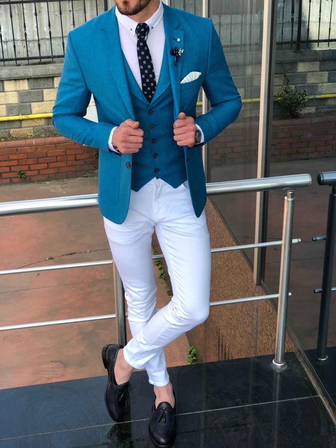 Blue Formal Men Suits Wedding Tuxedos Grooms Bride Men Dinner Wear Blazers Outfits Sets Business Suit (Jackets+Vests+Pants)