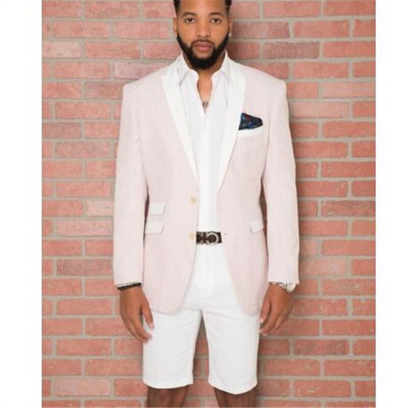 Esmoquin beige a medida para hombre con solapa blanca y pantalón corto blanco, 2 piezas (chaqueta, pantalón y corbata), estilo esmoquin ajustado de verano. 
