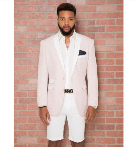 Esmoquin beige a medida para hombre con solapa blanca y pantalón corto blanco, 2 piezas (chaqueta, pantalón y corbata), estilo esmoquin ajustado de verano. 