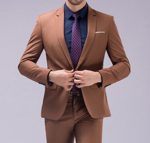 Trajes marrones para hombre hechos a medida para fiesta de boda, 2 piezas (chaqueta, pantalón y corbata), esmoquin ajustado para novio. 