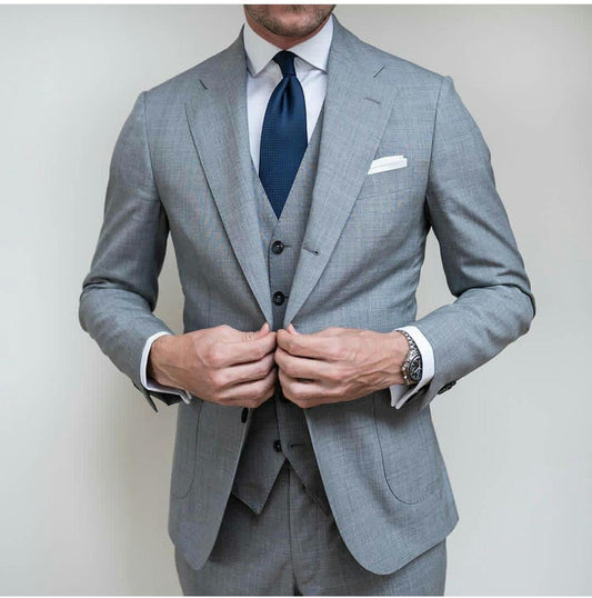 Grey men Wedding Tuxedos Two Buttom Peaked Lapel Groom Wear Party Prom Best Men Blazer Suit(Jacket+Vest+Pants)