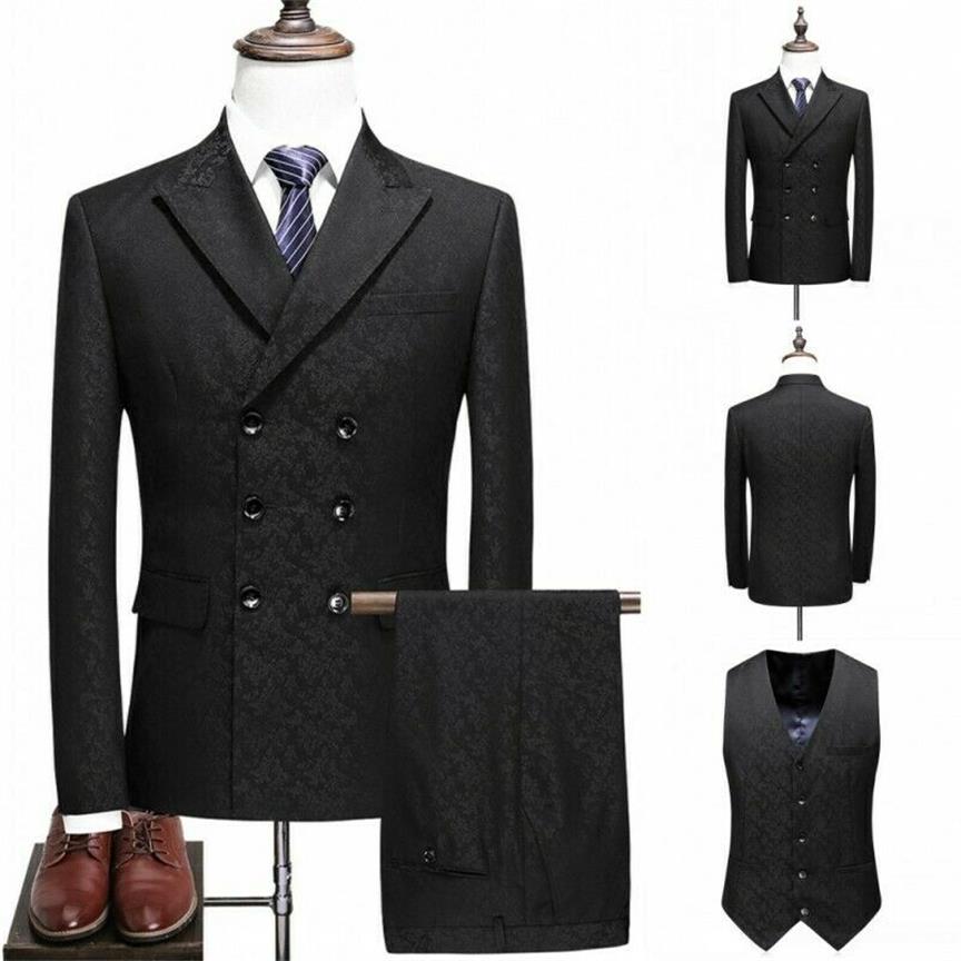 Tuxedo Three Piece Large Size Men Suits Double Breasted Multi Button Casual Jacquard Suits Men Blazers