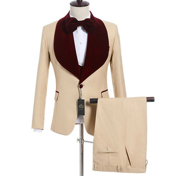 Khaki Groomsmen Burgundy Shawl Lapel Groom Tuxedos Men's Wedding/Prom Best Man Suits Costume Homme