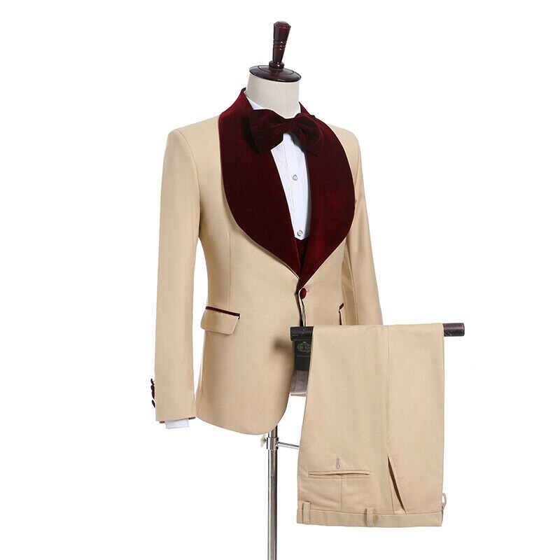 Costume de marié kaki bordeaux à revers châle pour homme, costume de mariage/bal de promo 