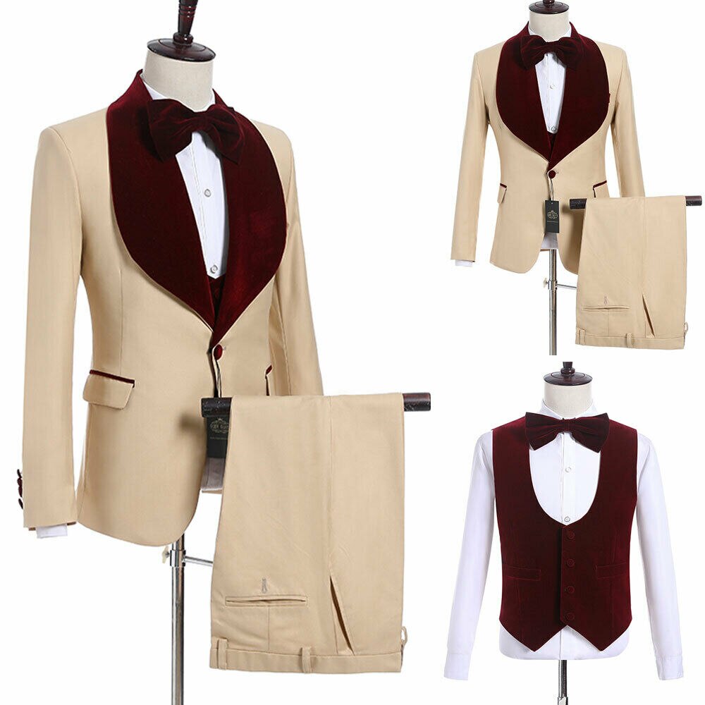 Costume de marié kaki bordeaux à revers châle pour homme, costume de mariage/bal de promo 