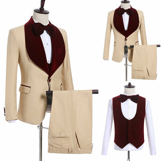 Khaki Groomsmen Burgundy Shawl Lapel Groom Tuxedos Men's Wedding/Prom Best Man Suits Costume Homme