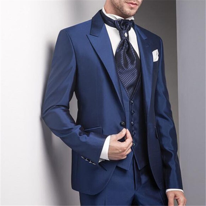 Men's Blue Slim Notch Lapel 3-Piece Groom Wedding Suit (Jacket, Pants, Vest, Tie)