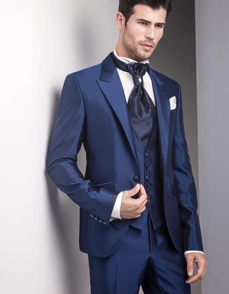 Men's Blue Slim Notch Lapel 3-Piece Groom Wedding Suit (Jacket, Pants, Vest, Tie)