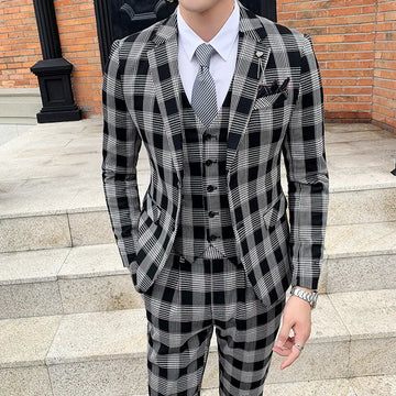 Fashion Men Suits 3 Piece Casual Slim Coarse plaid print Suit Groom Wedding party Costume Homme Business suit