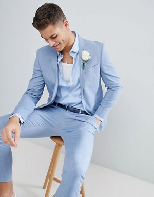 Costume homme bleu clair 2 pièces (veste + pantalon + cravate) Terno décontracté mariage bal marié sur mesure 