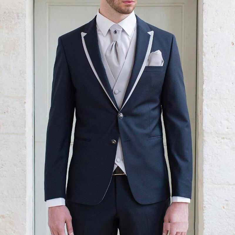 Costume de soirée bleu marine pour homme, smoking sur mesure, costume trois pièces (veste, pantalon et gilet) 