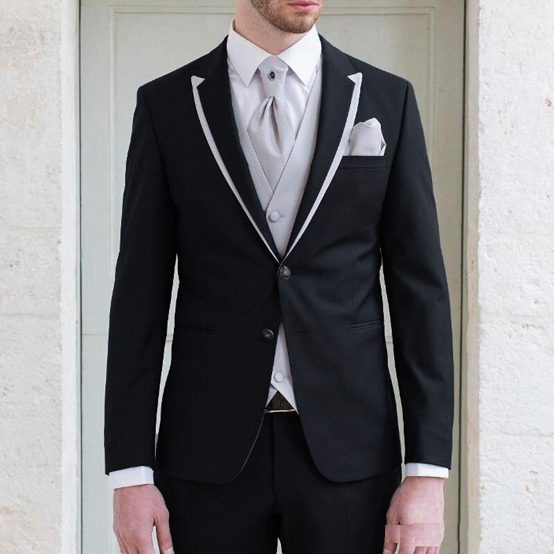 Costume de soirée bleu marine pour homme, smoking sur mesure, costume trois pièces (veste, pantalon et gilet) 