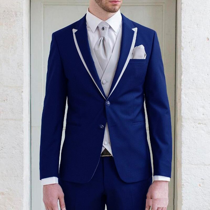 Costume de soirée bleu marine pour homme, smoking sur mesure, costume trois pièces (veste, pantalon et gilet) 