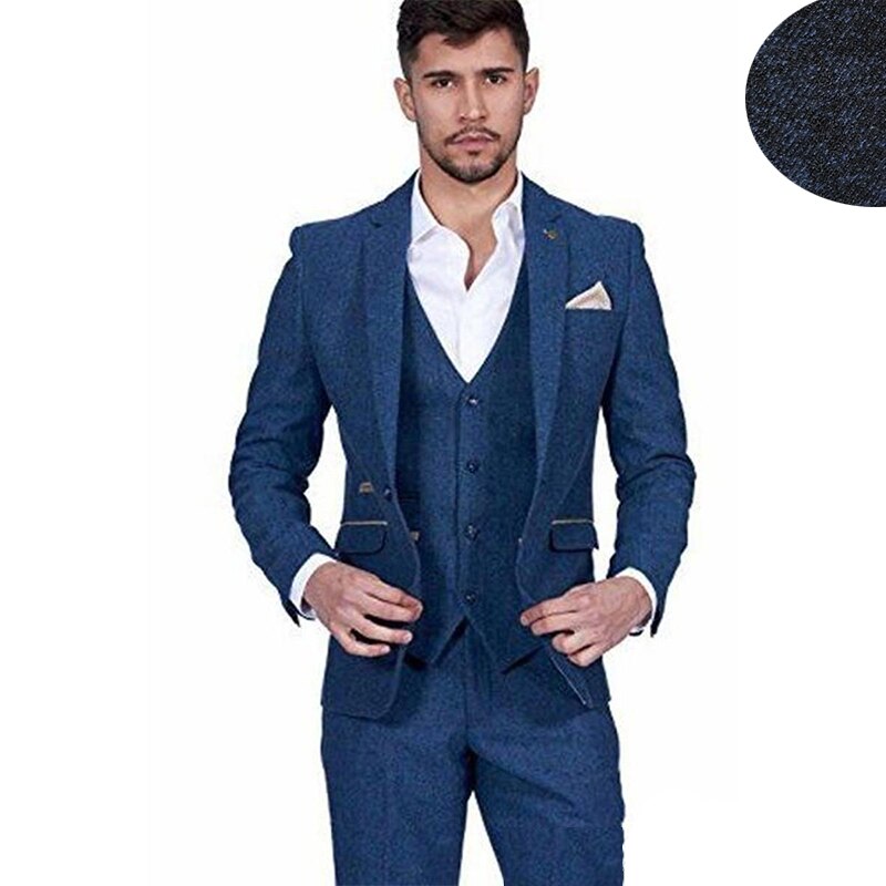 Tweed Groom Tuxedos Notch Lapel  Wedding Dress Prom Dresses Business Suit  Three Pieces Suit(Jacket+Pants+Vest)