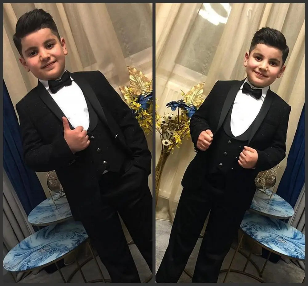 Costume de mariage noir 3 pièces pour enfant, avec revers châle et pantalon, tenue de soirée pour garçon (veste, gilet et pantalon). 