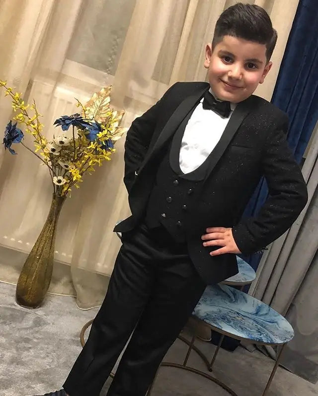 Costume de mariage noir 3 pièces pour enfant, avec revers châle et pantalon, tenue de soirée pour garçon (veste, gilet et pantalon). 