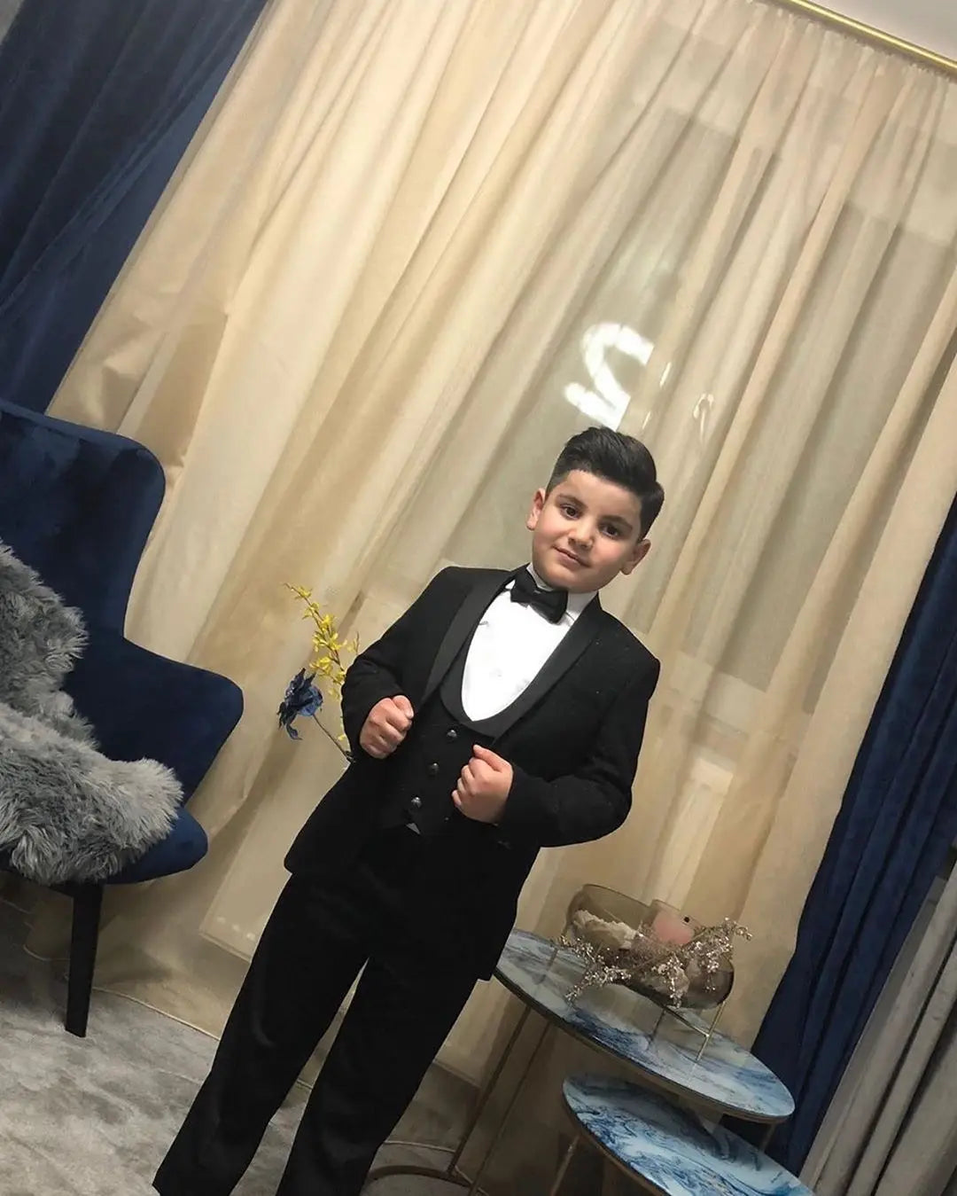 Costume de mariage noir 3 pièces pour enfant, avec revers châle et pantalon, tenue de soirée pour garçon (veste, gilet et pantalon). 