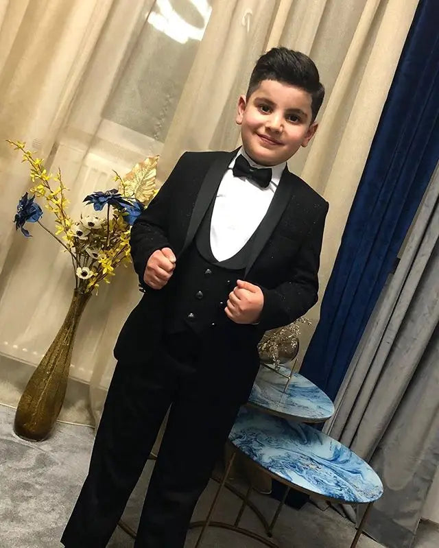 Costume de mariage noir 3 pièces pour enfant, avec revers châle et pantalon, tenue de soirée pour garçon (veste, gilet et pantalon). 