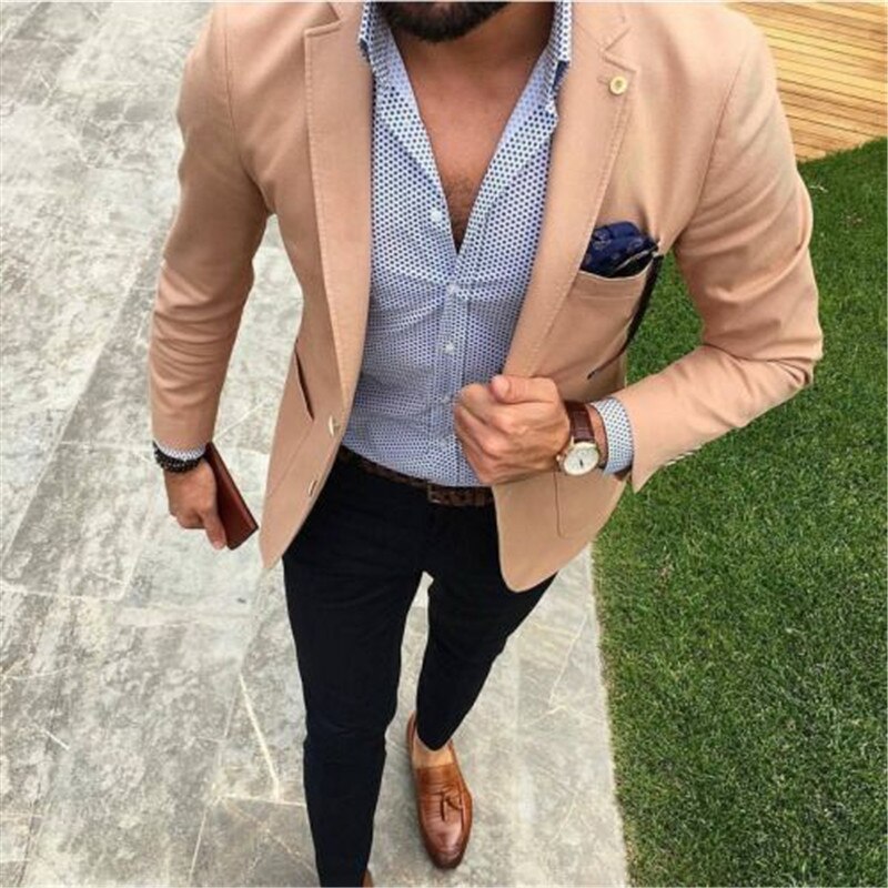 Men's Tan Khaki Skinny Fit 2-Piece Suit with Tie for Casual Wedding or Formal Wear (Jacket, Pants)