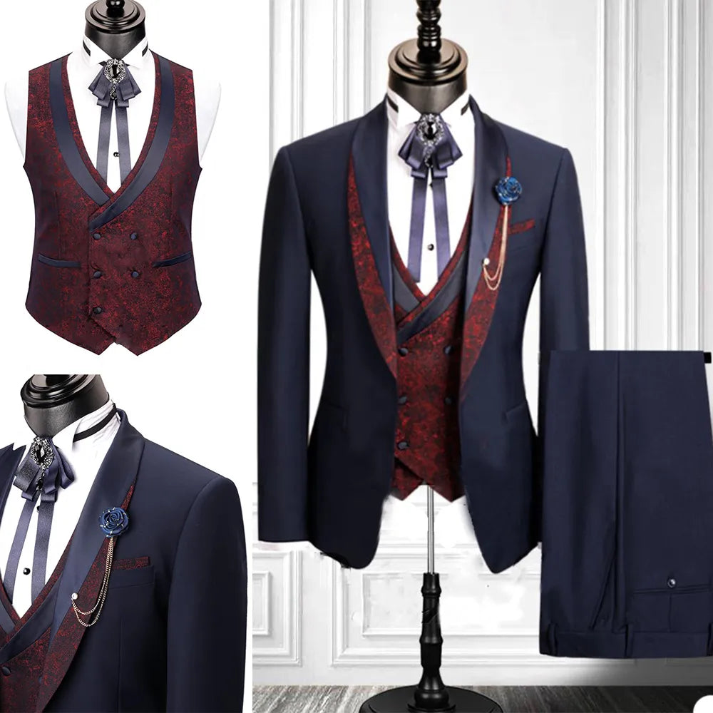 Trajes nuevos para hombre, 3 piezas, esmoquin de boda estampado, corte entallado, traje de novio de diseño, ropa formal para hombre