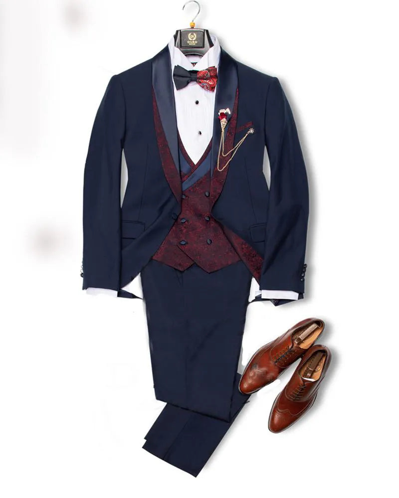 Trajes nuevos para hombre, 3 piezas, esmoquin de boda estampado, corte entallado, traje de novio de diseño, ropa formal para hombre