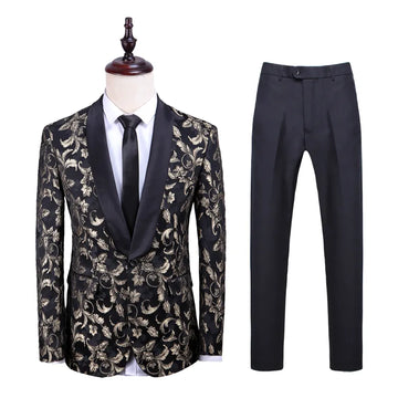 Atmosphere Flower printed Slim Fit Men Suit  2 pcs set Casual Tuxedo Groom Wedding dress Prom Men Suit