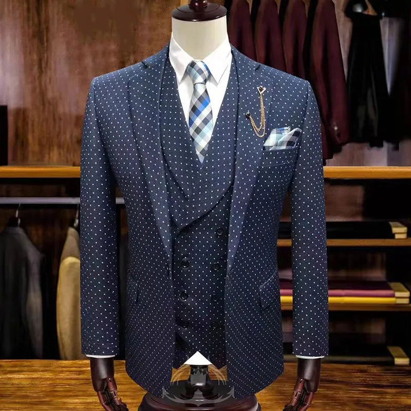 Nouveau costume de mariage smoking pour homme, robe slim fit blazer marié imprimé à pois, costumes pour hommes, ensemble 3 pièces, costumes d'affaires décontractés et formels 