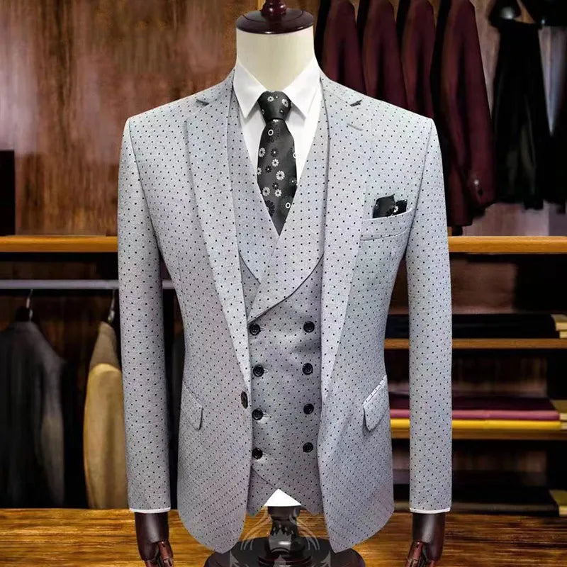 Nouveau costume de mariage smoking pour homme, robe slim fit blazer marié imprimé à pois, costumes pour hommes, ensemble 3 pièces, costumes d'affaires décontractés et formels 