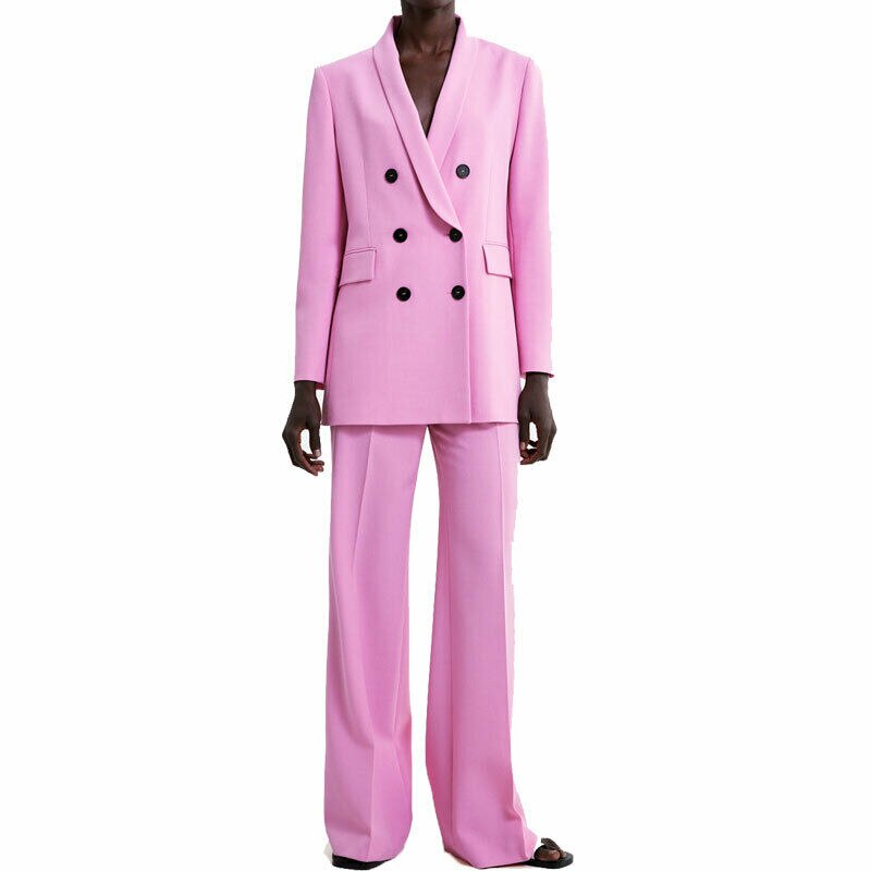 Trajes de pantalón rosa para mujer, corte entallado, cruzado, cuello en V, para oficina, negocios, noche, trabajo, esmóquines (chaqueta + pantalón) 