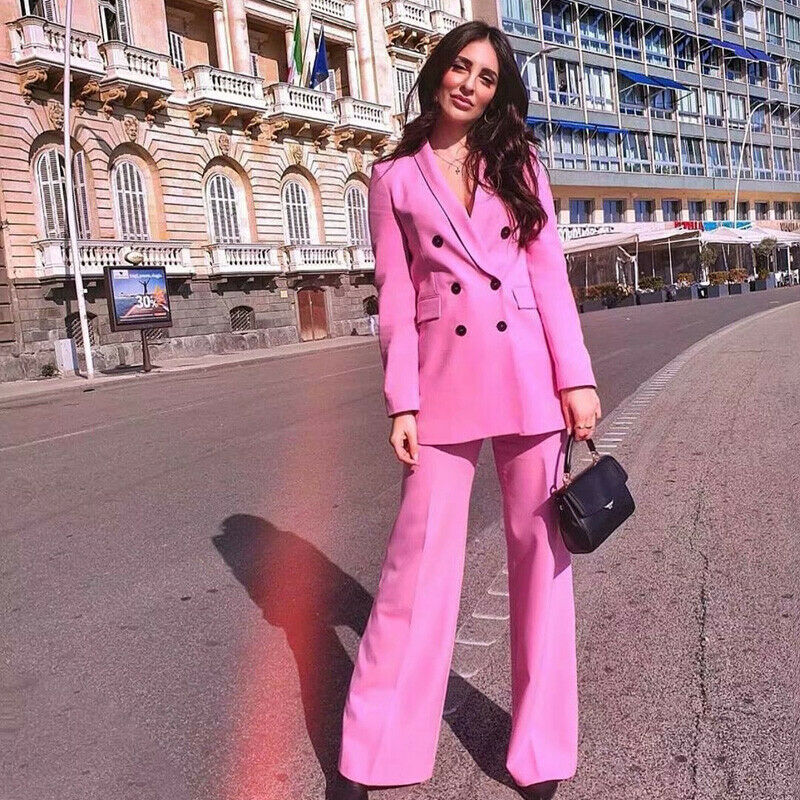 Trajes de pantalón rosa para mujer, corte entallado, cruzado, cuello en V, para oficina, negocios, noche, trabajo, esmóquines (chaqueta + pantalón) 