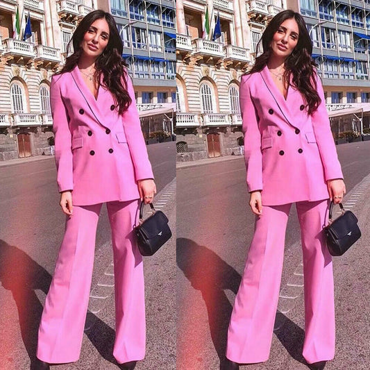 Pink Women's Pant Suits Slim Fit Double Breasted V Neck Ladies Office Business Evening Work Wear Tuxedos (Jacket+Pants)