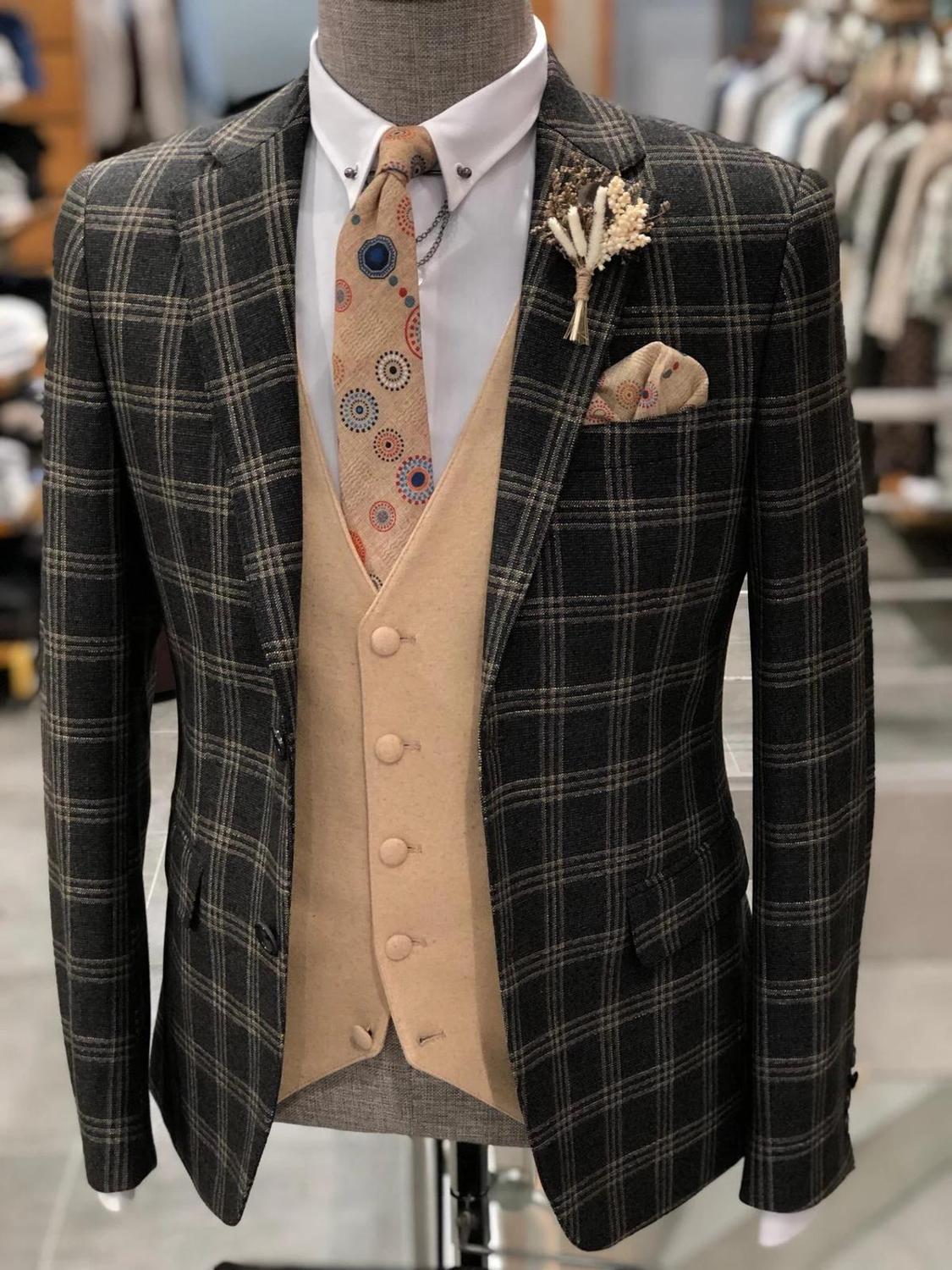 Esmoquin de boda de dos piezas con solapa con muesca y dos botones, traje formal para hombre, estampado a cuadros, trajes de novio a medida. 