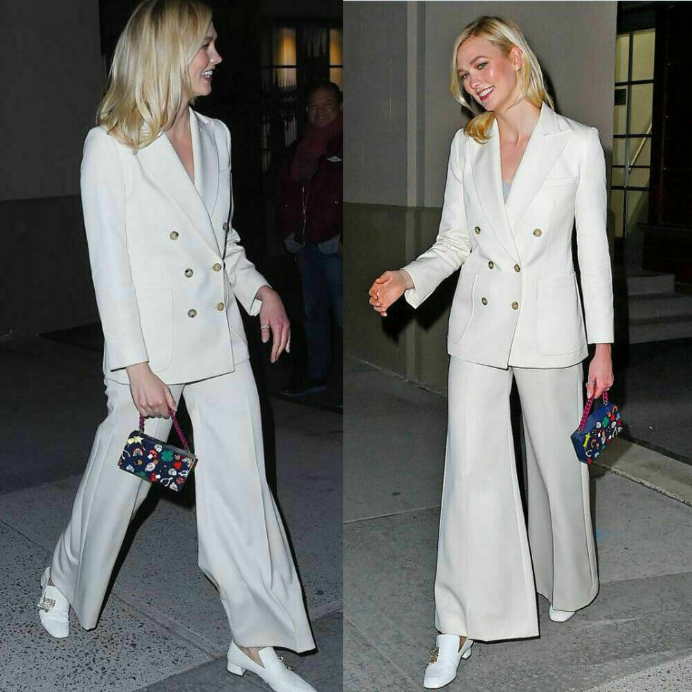 Ensemble pantalon blanc pour femme, coupe slim, croisé, tenue de bureau, soirée, smoking (veste + pantalon) 