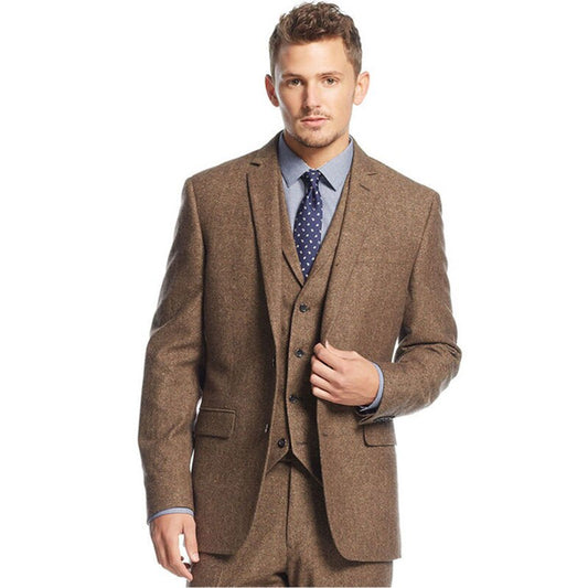 Winter Brown Tweed Men Suits For Wedding Party Suits Groom Tuxedos Bridegroom Costume Three Piece Suit(Jackets+Pants+Vest)