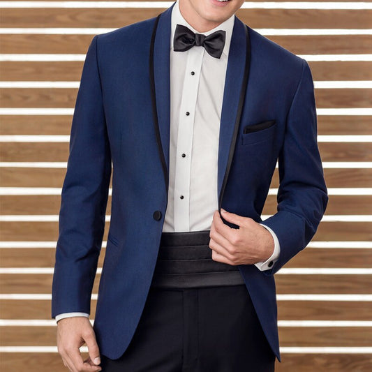 Blue Wedding Tuxedos Groom Wear Two Piece Blazer Black Shawl Lapel Business Men Suits Custom Made Jacket Pants Waistband