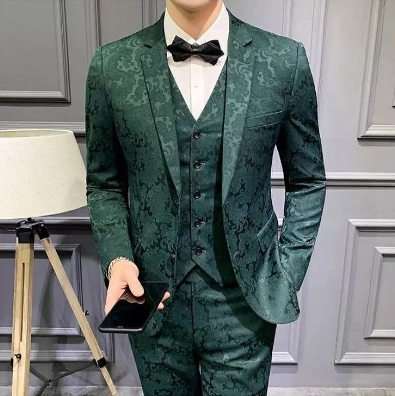 Elegant Dark Green Floral Patterned Three-Piece Men's Suit for Weddings, Prom, and Special Occasions - Slim Fit Blazer and Waistcoat Ensemble