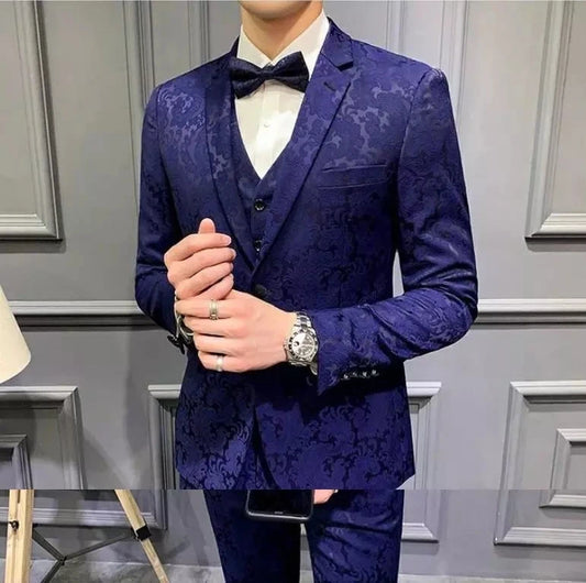 Elegant Dark Green Floral Patterned Three-Piece Men's Suit for Weddings, Prom, and Special Occasions - Slim Fit Blazer and Waistcoat Ensemble