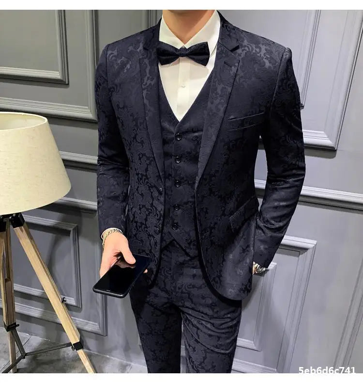 Elegant Dark Green Floral Patterned Three-Piece Men's Suit for Weddings, Prom, and Special Occasions - Slim Fit Blazer and Waistcoat Ensemble