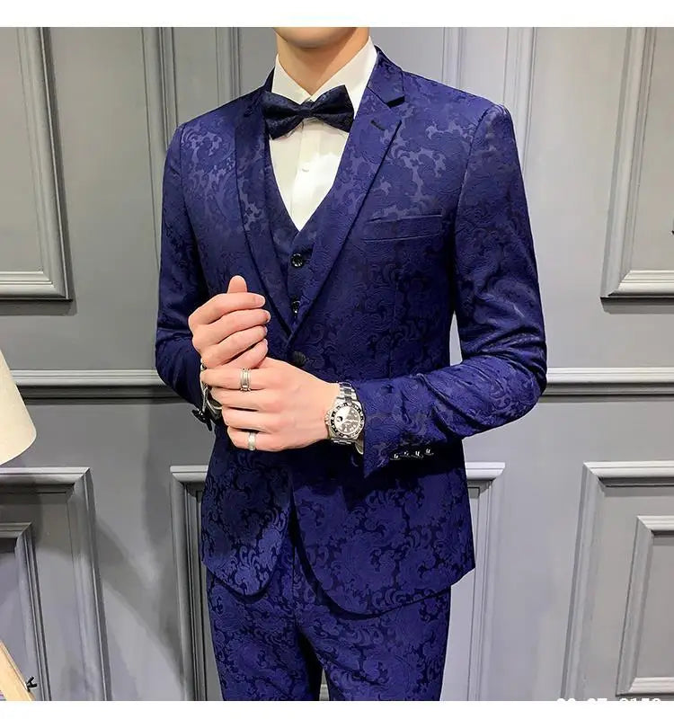 Elegant Dark Green Floral Patterned Three-Piece Men's Suit for Weddings, Prom, and Special Occasions - Slim Fit Blazer and Waistcoat Ensemble