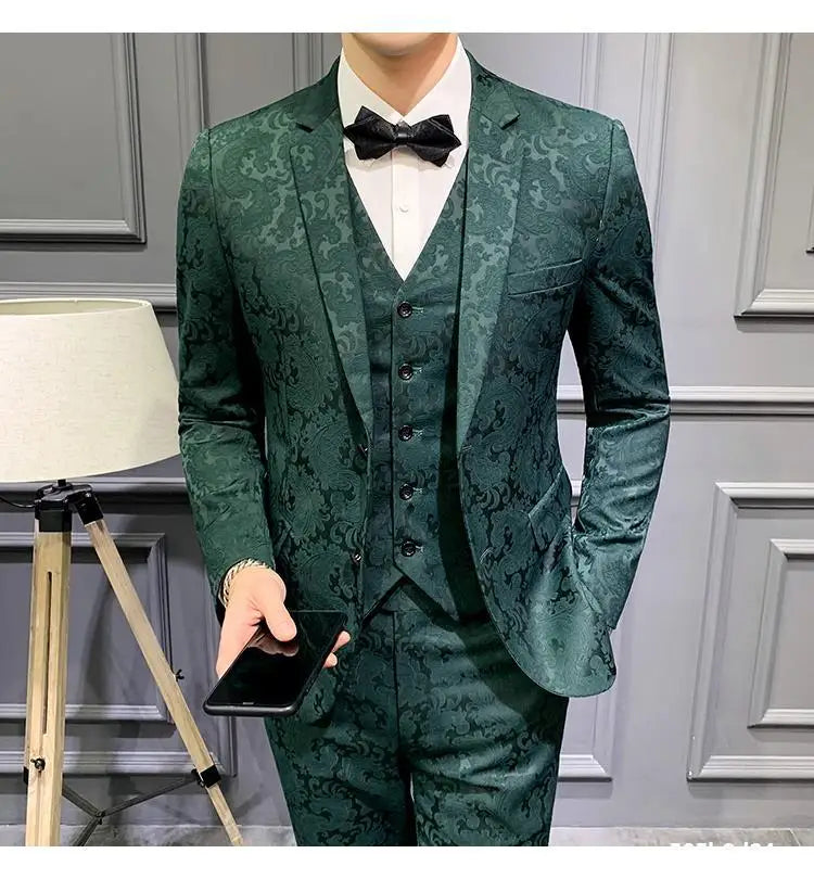 Elegant Dark Green Floral Patterned Three-Piece Men's Suit for Weddings, Prom, and Special Occasions - Slim Fit Blazer and Waistcoat Ensemble